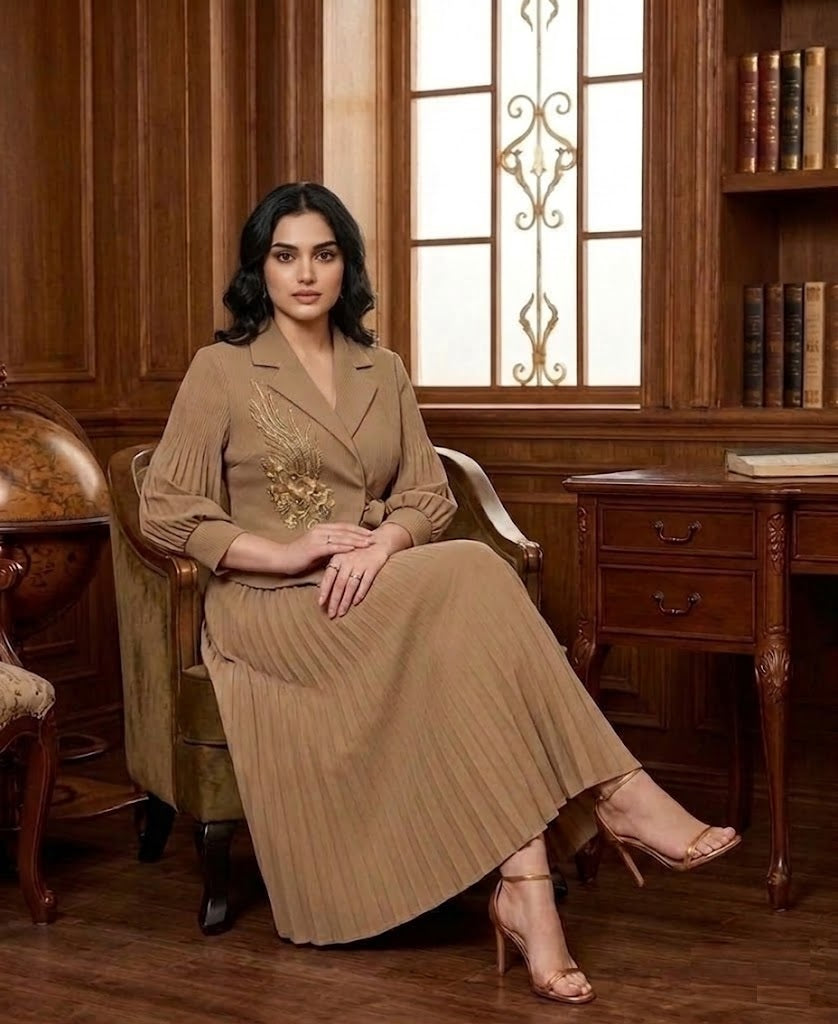 Women's Pleated Blazer Midi Dress Brown