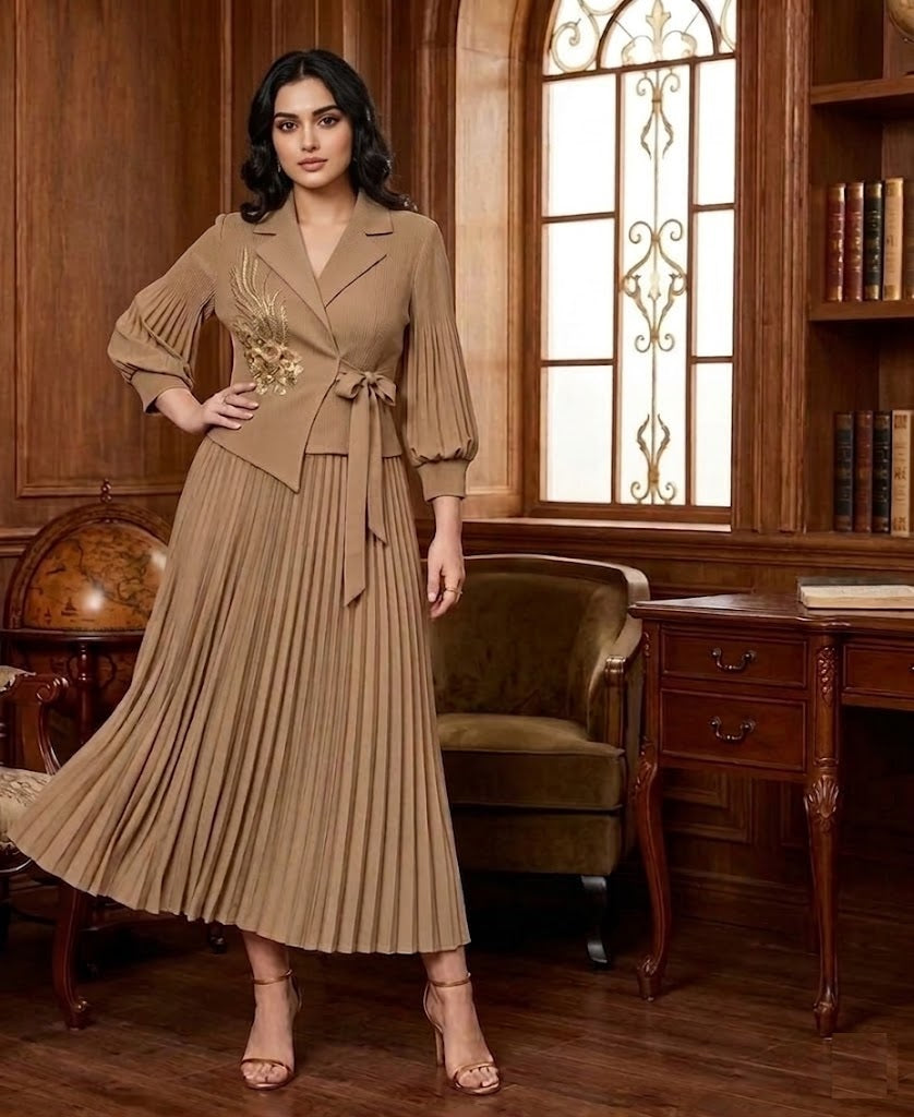 Women's Pleated Blazer Midi Dress Brown