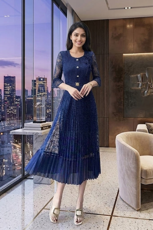 Women's Blue Lace Midi Dress