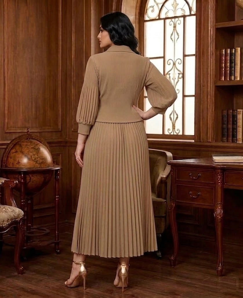 Women's Pleated Blazer Midi Dress Brown