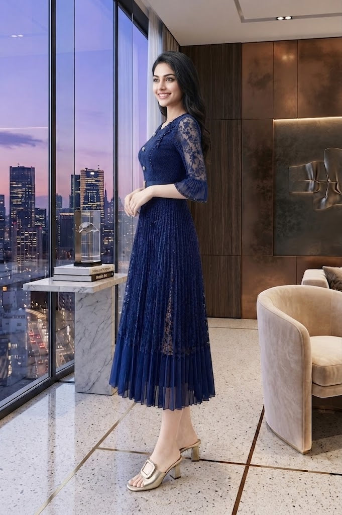 Women's Blue Lace Midi Dress