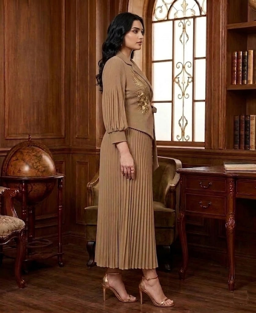 Women's Pleated Blazer Midi Dress Brown