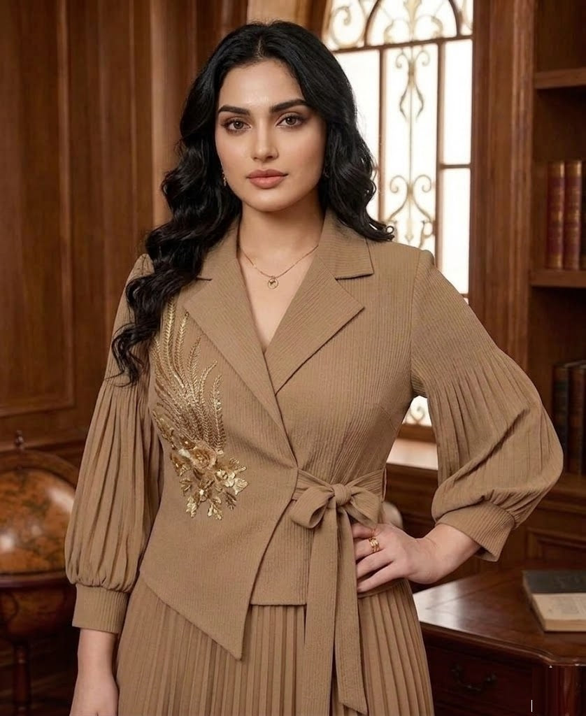 Women's Pleated Blazer Midi Dress Brown