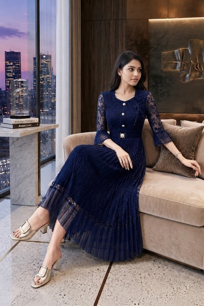 Women's Blue Lace Midi Dress